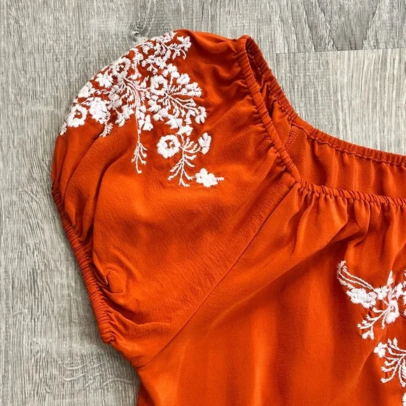 Karen Kane Medium Orange White Floral Embroidered 100% Silk Peasant Top Blouse - Picture 2 of 8